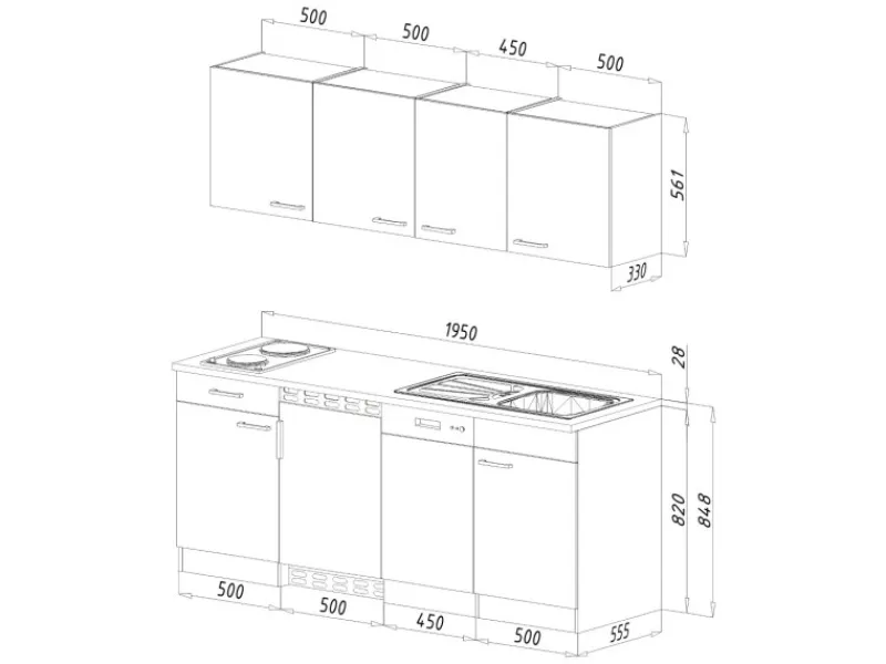 Respekta Single-Küchen|Winkelküchen<Küchenzeile KB195EYW 195 cm Eiche Nachbildung Duokochfeld