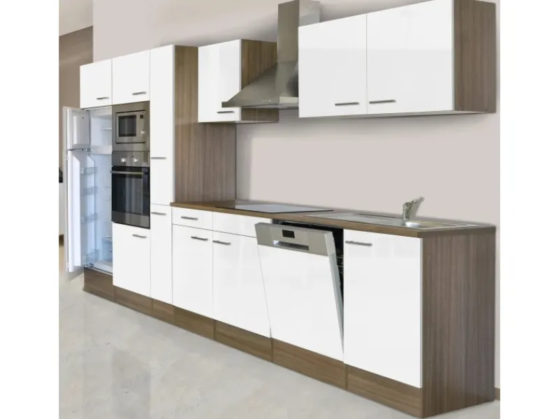 Respekta Küchenzeile KB370EYWMIGKE 370 cm Weiß Seidengl.-Eiche York Nachbildung< Einbauküchen|Kühlschränke