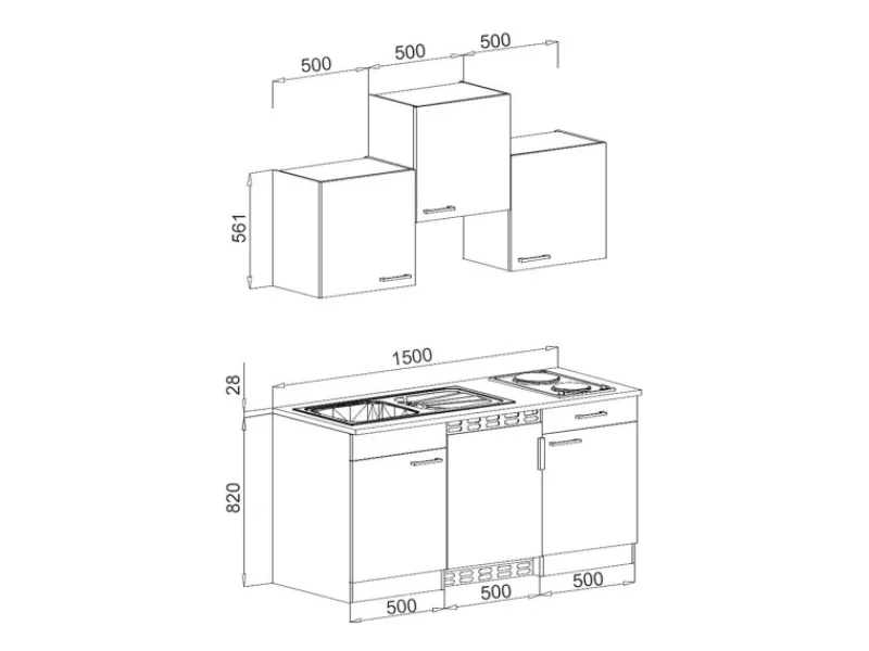 Respekta Pantryküchen|Miniküchen<Küchenzeile KB150WGMI 150 cm -Weiß Glänzend