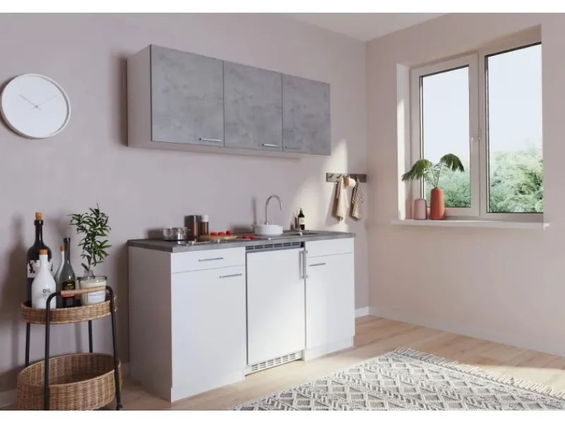 Respekta Küchenzeile KB150WWBCG 150 cm Weiß-Beton Optik< Single-Küchen|Pantryküchen