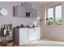 Respekta Single-Küchen|Miniküchen<Küchenzeile KB150WWBMICG 150 cm Weiß-Beton Optik