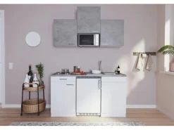 Respekta Single-Küchen|Miniküchen<Küchenzeile KB150WWBMIG 150 cm Weiß-Beton Optik