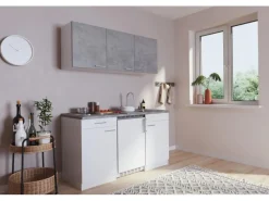 New Respekta Küchenzeile KB150WWBG 150 cm Weiß-Beton Optik
