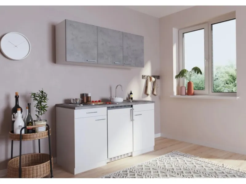 New Respekta Küchenzeile KB150WWBG 150 cm Weiß-Beton Optik
