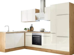 Outlet Respekta Küchenzeile Marleen 310 cm Artisan-Eiche Weiß Hochglanz Winkel Weiß Eiche