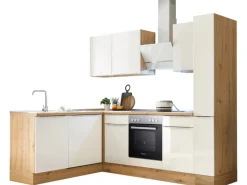 Outlet Respekta Küchenzeile Marleen 250 cm Artisan-Eiche Weiß Hochglanz Winkel Weiß Eiche