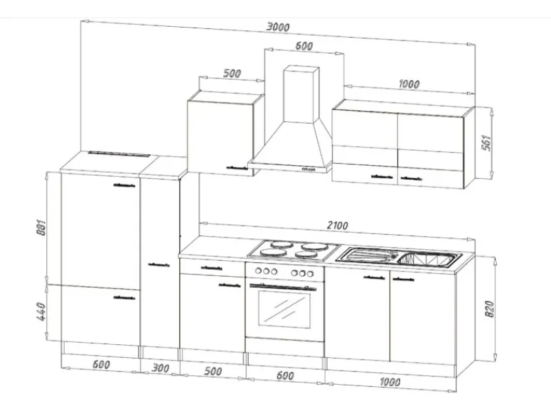 Respekta Einbauküchen<Küchenzeile ohne E-Geräte 300 cm -Eiche Sägerau
