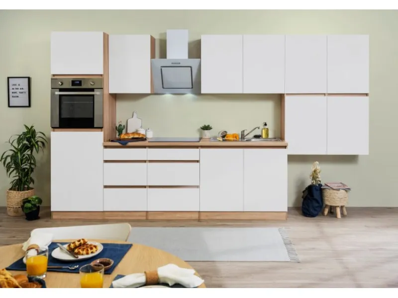 Clearance Respekta Premium Respekta Küchenzeile ohne E-Geräte 370 cm Grifflos Weiß Hochglanz-Eiche Sägerau Hochglanz Weiß