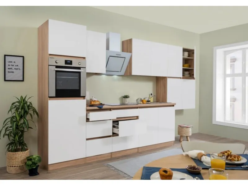 Clearance Respekta Premium Respekta Küchenzeile ohne E-Geräte 370 cm Grifflos Weiß Hochglanz-Eiche Sägerau Hochglanz Weiß