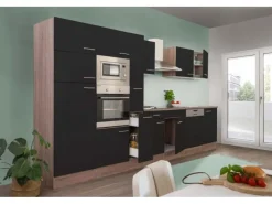 Respekta Küchenschränke|Einbauküchen<Küchenzeile ohne E-Geräte 370 cm Schwarz Seidengl.-Eiche York