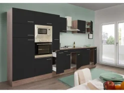 Respekta Küchenzeile ohne E-Geräte 360 cm Schwarz Seidengl.-Eiche York< Einbauküchen
