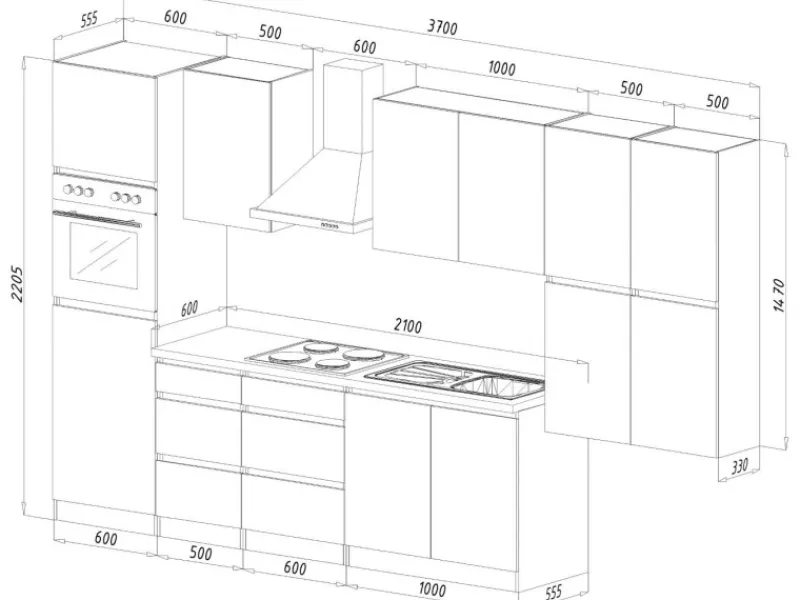 Respekta Premium Respekta Küchenzeile ohne E-Geräte 370 cm Grifflos -Eiche Sägerau< Kühlschränke|Einbauküchen