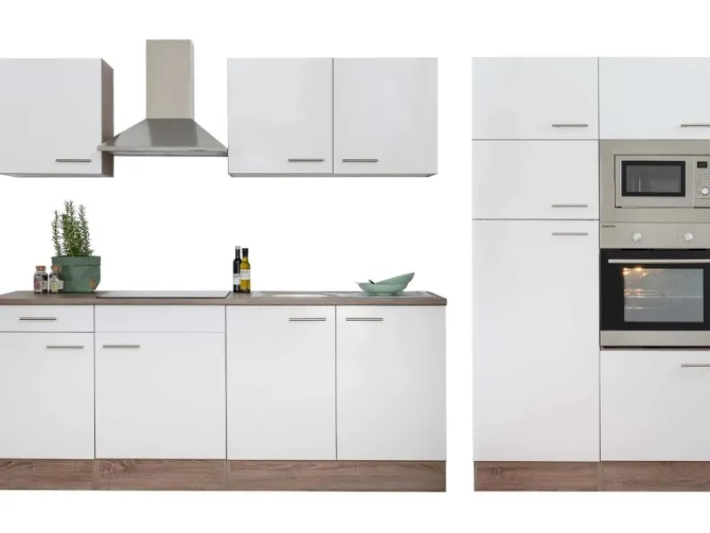 Respekta Kühlschränke|Küchenschränke<Küchenzeile ohne E-Geräte 330 cm Weiß Seidengl.-Eiche York