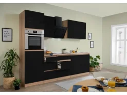 Sale Respekta Premium Respekta Küchenzeile ohne E-Geräte 270 cm Grifflos Schwarz Hochgl.-Eiche Sägerau Schwarz Hochglanz