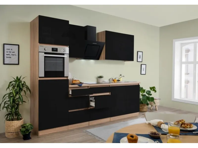 Sale Respekta Premium Respekta Küchenzeile ohne E-Geräte 270 cm Grifflos Schwarz Hochgl.-Eiche Sägerau Schwarz Hochglanz