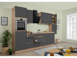 Respekta Premium Küchenschränke|Einbauküchen<Respekta Küchenzeile ohne E-Geräte 320 cm Grifflos -Eiche Sägerau