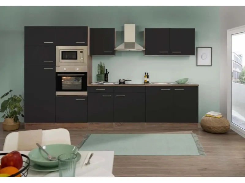 New Respekta Küchenzeile ohne E-Geräte 330 cm Schwarz Seidengl.-Eiche York Schwarz Seidenglanz