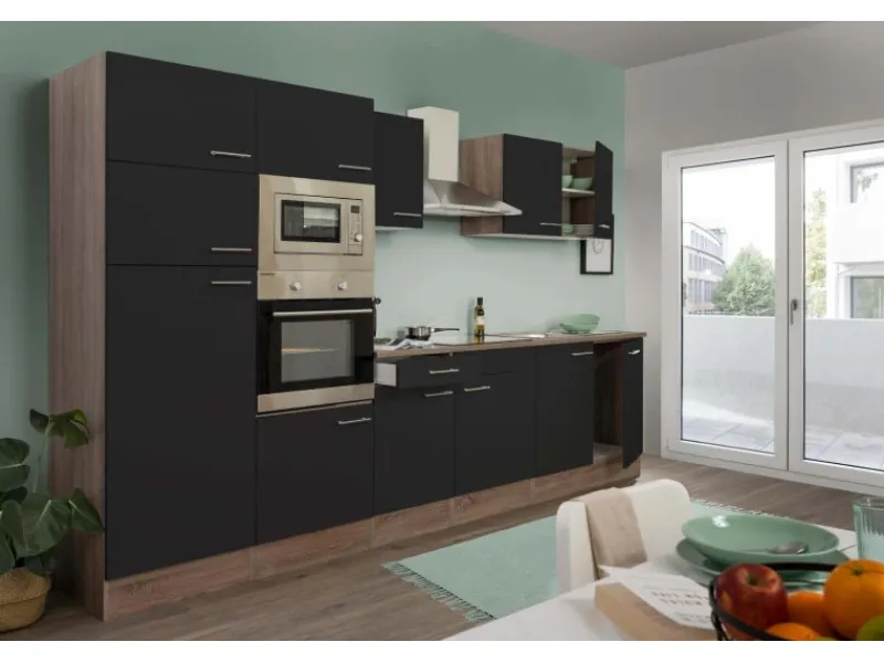 New Respekta Küchenzeile ohne E-Geräte 330 cm Schwarz Seidengl.-Eiche York Schwarz Seidenglanz