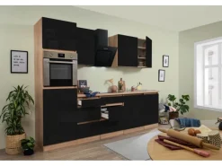 Respekta Premium Respekta Küchenzeile ohne E-Geräte 280 cm Grifflos Schwarz Hochgl.-Eiche Sägerau< Kochfelder|Kühlschränke