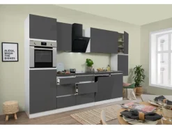 Clearance Respekta Premium Respekta Küchenzeile ohne E-Geräte 330 cm Grifflos -Weiß Grau Hochglanz