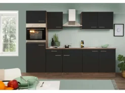 New Respekta Küchenzeile ohne E-Geräte 270 cm Schwarz Seidengl.-Eiche York Schwarz Seidenglanz