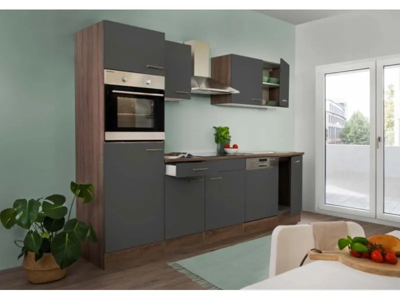 Respekta Küchenzeile ohne E-Geräte 280 cm Grau Seidengl.-Eiche York< Einbauküchen