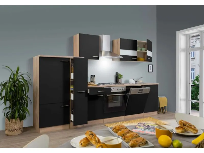 Outlet Respekta Küchenzeile ohne E-Geräte 310 cm -Eiche Sägerau Schwarz