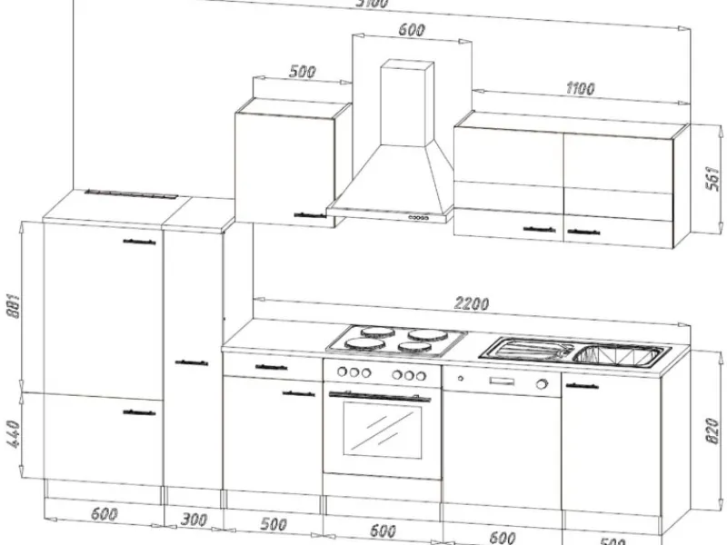 Outlet Respekta Küchenzeile ohne E-Geräte 310 cm -Eiche Sägerau Schwarz