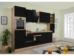 Hot Respekta Premium Respekta Küchenzeile ohne E-Geräte 320 cm Grifflos Schwarz Hochgl.-Eiche Sägerau Schwarz Hochglanz