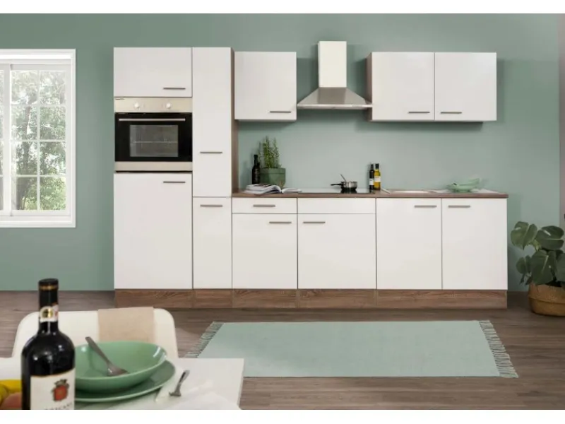Discount Respekta Küchenzeile ohne E-Geräte 300 cm Weiß Seidengl.-Eiche York Weiß Seidenglanz