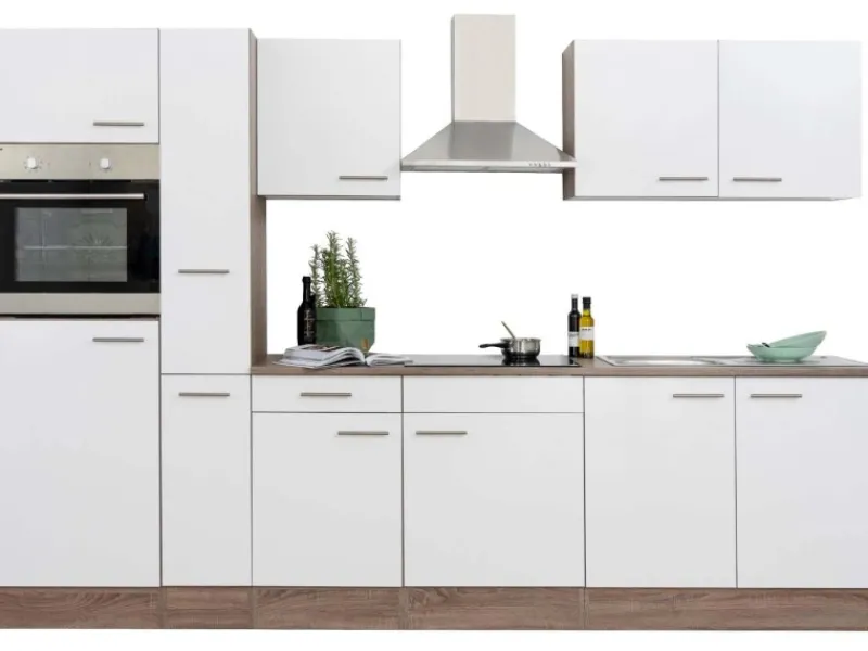 Discount Respekta Küchenzeile ohne E-Geräte 300 cm Weiß Seidengl.-Eiche York Weiß Seidenglanz