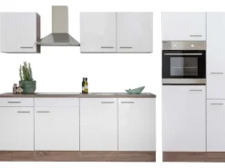 Discount Respekta Küchenzeile ohne E-Geräte 300 cm Weiß Seidengl.-Eiche York Weiß Seidenglanz