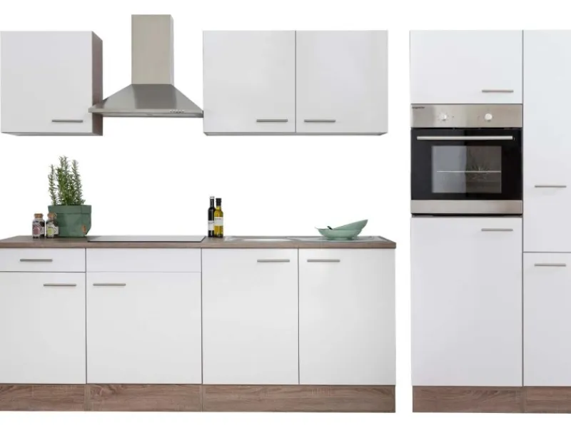 Discount Respekta Küchenzeile ohne E-Geräte 300 cm Weiß Seidengl.-Eiche York Weiß Seidenglanz