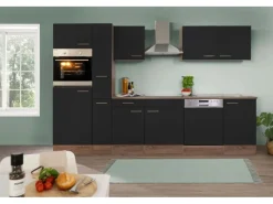 Respekta Küchenzeile ohne E-Geräte 310 cm Schwarz Seidengl.-Eiche York< Einbauküchen|Kühlschränke