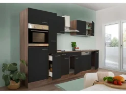 Respekta Küchenzeile ohne E-Geräte 310 cm Schwarz Seidengl.-Eiche York< Einbauküchen|Kühlschränke