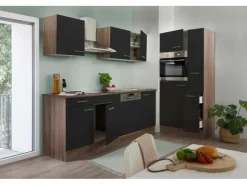 Respekta Küchenzeile ohne E-Geräte 310 cm Schwarz Seidengl.-Eiche York< Einbauküchen|Kühlschränke