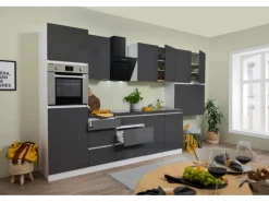 Best Respekta Premium Respekta Küchenzeile ohne E-Geräte 370 cm Grifflos -Weiß Grau Hochglanz