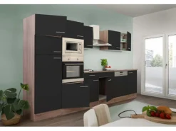 Respekta Einbauküchen<Küchenzeile ohne E-Geräte 340 cm Schwarz Seidengl.-Eiche York