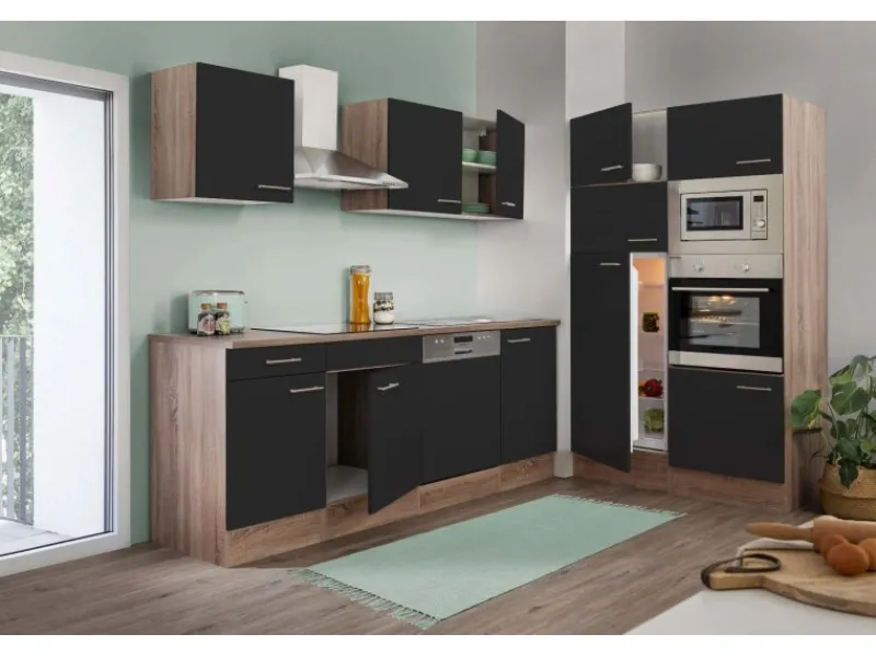 Respekta Einbauküchen<Küchenzeile ohne E-Geräte 340 cm Schwarz Seidengl.-Eiche York
