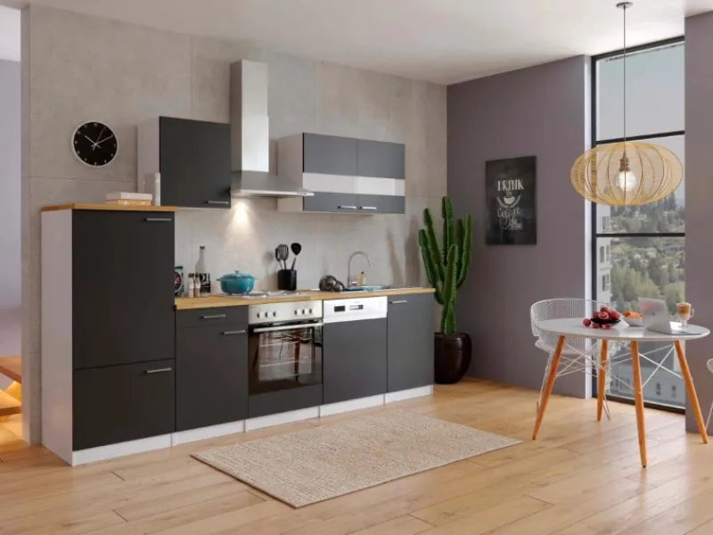 Respekta Einbauküchen<Küchenzeile ohne E-Geräte 280 cm Schwarz-Weiß