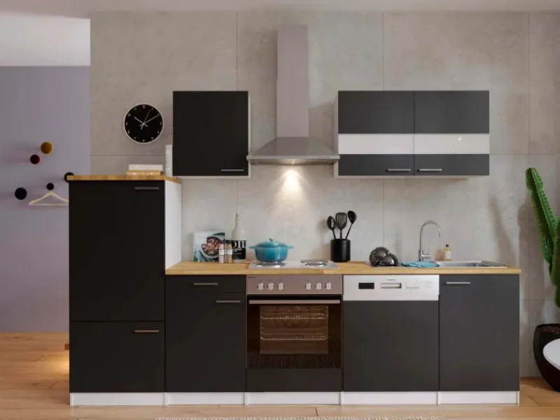 Respekta Einbauküchen<Küchenzeile ohne E-Geräte 280 cm Schwarz-Weiß