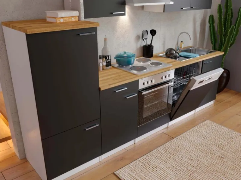 Respekta Einbauküchen<Küchenzeile ohne E-Geräte 280 cm Schwarz-Weiß