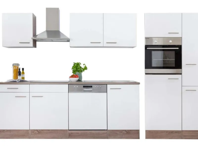 Respekta Küchenzeile ohne E-Geräte 310 cm Weiß Seidengl.-Eiche York Weiß Seidenglanz