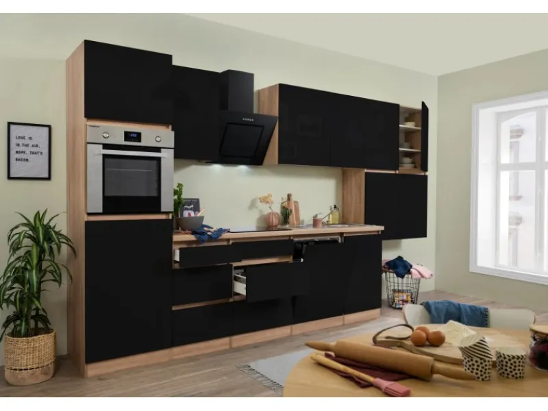 Respekta Premium Respekta Küchenzeile ohne E-Geräte 380 cm Grifflos Schwarz Hochgl.-Eiche Sägerau< Küchenschränke|Einbauküchen