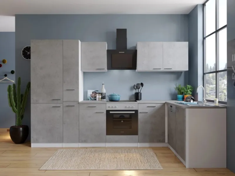 Respekta L-Küchenblock Malia 310 cm Beton Fronten inkl. Kühl-/Gefrierkombination< Winkelküchen