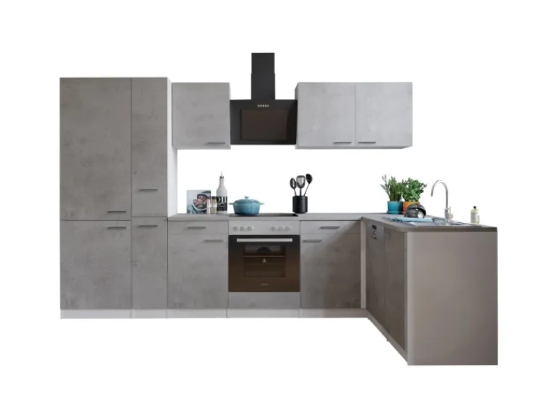 Respekta L-Küchenblock Malia 310 cm Beton Fronten inkl. Kühl-/Gefrierkombination< Winkelküchen