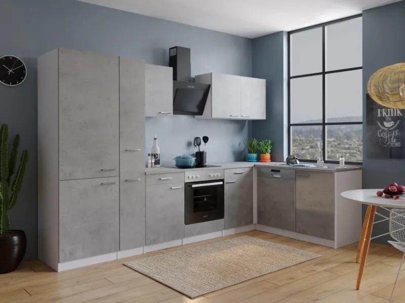 Respekta L-Küchenblock Malia 310 cm Beton Fronten inkl. Kühl-/Gefrierkombination< Winkelküchen
