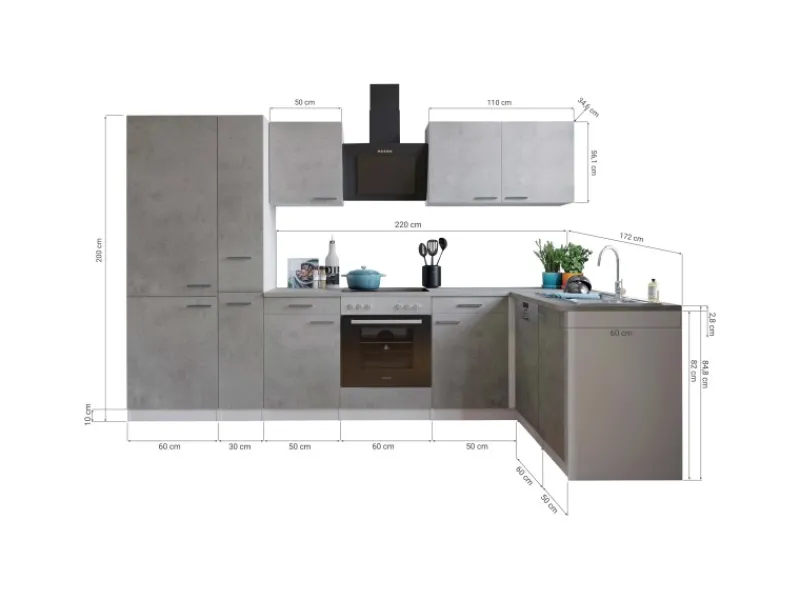 Respekta L-Küchenblock Malia 310 cm Beton Fronten inkl. Kühl-/Gefrierkombination< Winkelküchen