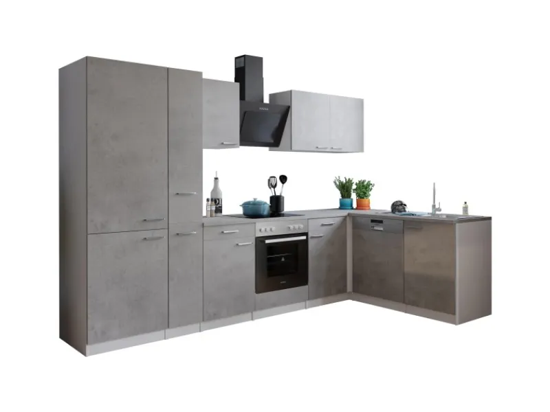 Respekta L-Küchenblock Malia 310 cm Beton Fronten inkl. Kühl-/Gefrierkombination< Winkelküchen