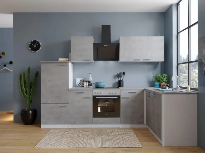 Respekta Winkelküchen|Kochfelder<L-Küchenblock Malia mit E-Geräten 280 cm Beton Fronten